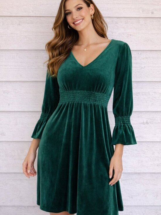 MeetJen Dresses & Skirts - Emerald Green Velvet Dress • V-Neck• Smocked Waist • Bell Sleeve • Romantic Boho
